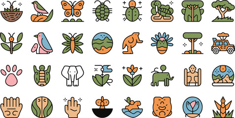 Cute cartoon vector set of cactus plants and flowers with fun animal characters