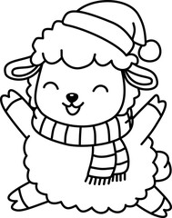 Cartoon Line Art Sheep Wearing Winter Hat and Scarf Illustration