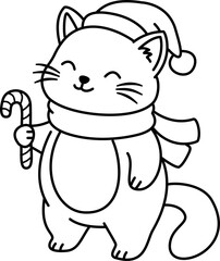Cartoon Line Art Festive Cat with Candy Cane Illustration
