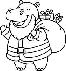 Cartoon Line Art Hippo Dressed as Santa Claus Illustration