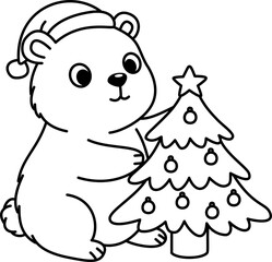 Cartoon Line Art Bear Decorating Christmas Tree Illustration