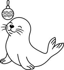 Cartoon Line Art Sea lion with Christmas Ornament Illustration