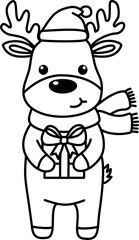Cartoon Line Art Reindeer with Gift Wearing Santa Hat Illustration