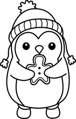 Cartoon Line Art Penguin Holding Gingerbread Man Cookie Illustration
