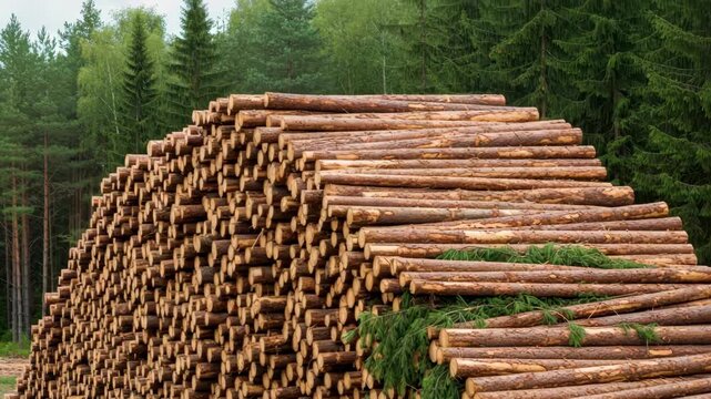 massive pile of freshly cut timber logs stacked high in forest clearing Light brown logs with bark some green branches visible within the stack with green trees in the background