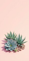 Fototapeta premium A vibrant composition of succulents arranged on a pastel pink backdrop. The image showcases varied textures and forms, from sharp leaves to rounded pebbles, bathed in a soft light.