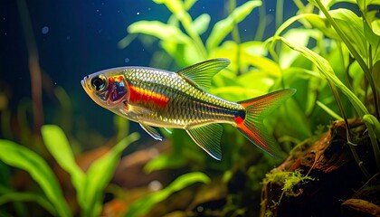 A close-up photograph of a colorful fish swimming in a freshwater aquarium