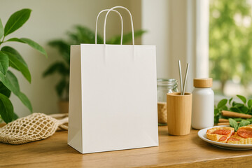 Blank white shopping bag on a wooden table with greenery and food items, perfect for product mockups
