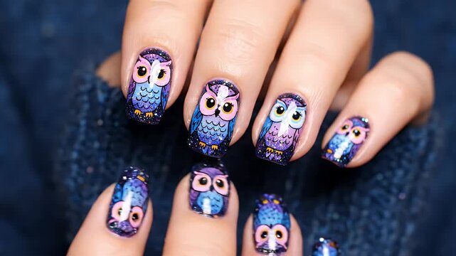 Close-up of a womans hand with creative owl-themed nail art, showcasing intricate details and vibrant colors.