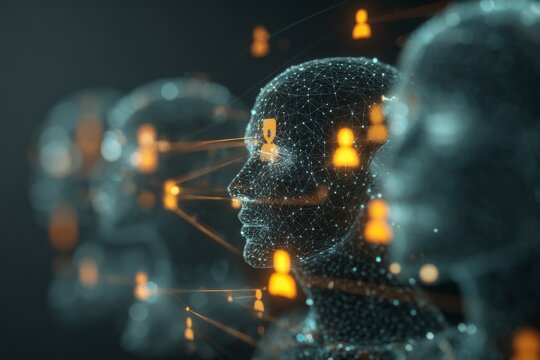 Visualizing the future: ai and human head interface. Digital communication link. Futuristic digital head and ai circuitry with detailed data analysis. Online networking idea. - Powered by Adobe
