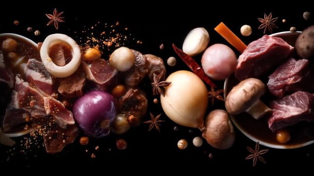 A vibrant, artistic arrangement of assorted meats, vegetables, and spices, showcasing a culinary composition.