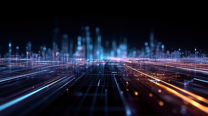 Aerial View of Futuristic City with Glowing Data Streams