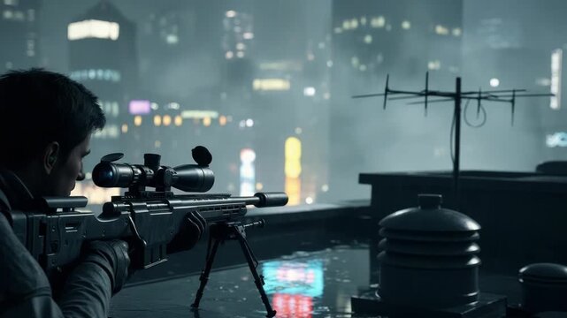 man aims scoped rifle with bipod from wet city rooftop at night Rain falls reflecting city lights in the blurry background highlighting urban surveillance or combat