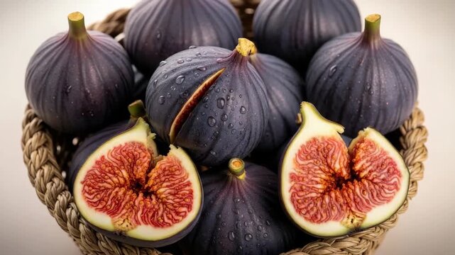 woven basket overflows with fresh ripe figs Most are dark purple with water droplets while two halves expose juicy vibrant red-pink interiors with tiny seeds suggesting freshness