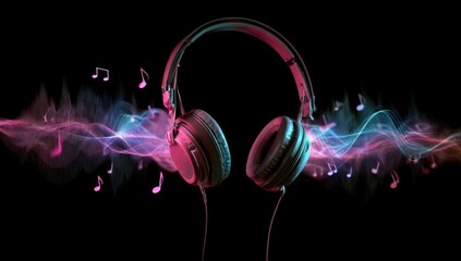 Neon headphones with colorful sound waves and music notes on a dark background. Perfect for music, audio, party, or technology design projects with space for text or promotion.