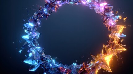 A ring of translucent, fractured structures transitions from cool blue to warm orange against a dark backdrop