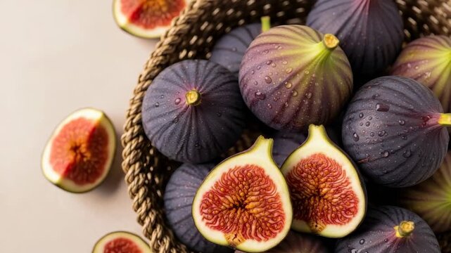 woven basket overflows with dark ripe figs some displaying green-purple hues and water droplets Several are cut open revealing vibrant red flesh and tiny seeds against light background