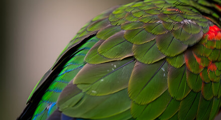 Fototapeta premium The focus is sharp on the texture and detail of the overlapping feathers, suggesting themes of texture, nature, detail, color, and wildlife/birds.