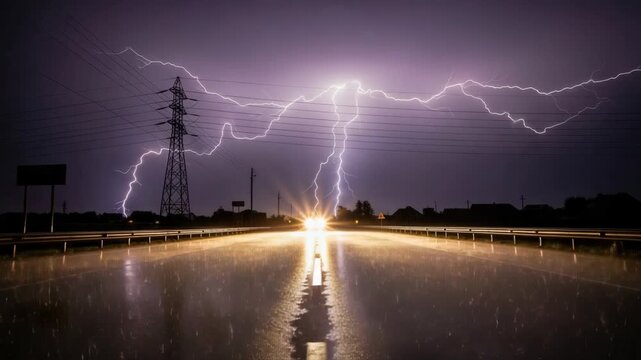 Intense lightning illuminates dark stormy sky above wet road with bright vehicle headlights approaching Power lines and pylon stand amidst silhouetted buildings
