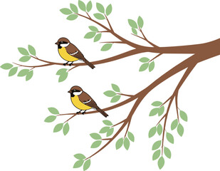 Stylized birds on tree branches, nature illustration with green leaves, clean vector design, wildlife and forest theme, decorative and educational art