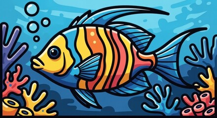 Naklejka premium Colorful fish illustration swimming underwater with seaweed and bubbles