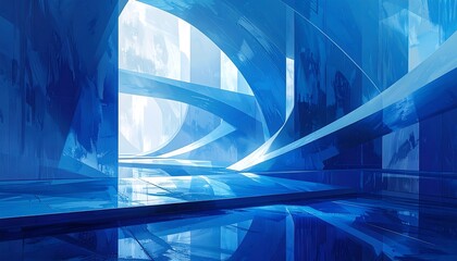 Abstract architectural interior design with blue tones and reflective surfaces
