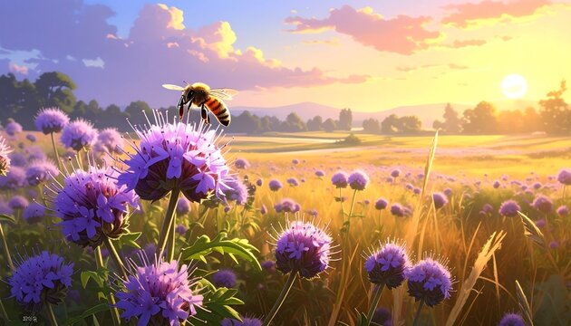 A Vibrant Sunset Scene with a Bee Hovering Over Purple Flowers