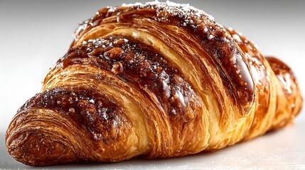 Deliciously baked croissant glistens in soft lighting, showcasing layers of flaky pastry and golden-brown crust, topped with delicate powdered sugar, offering a tempting visual treat.
