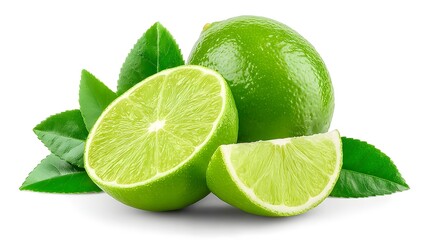 Fresh, vibrant green limes, with one whole lime and two pieces showing the juicy interior, alongside several bright green leaves set against a clean, white background, creating a visually appealing...