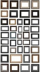 Collection of various empty picture frames on a white background