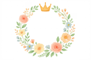 Crown on watercolor floral wreath frame transparent