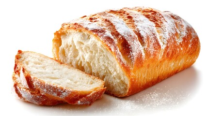 Freshly baked loaf of bread, partially sliced to reveal soft, fluffy interior, dusted with flour, displayed on a clean white surface with warm golden tones, capturing a delicious texture for culinary.