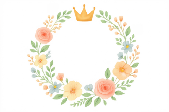 Crown on watercolor floral wreath frame transparent - Powered by Adobe