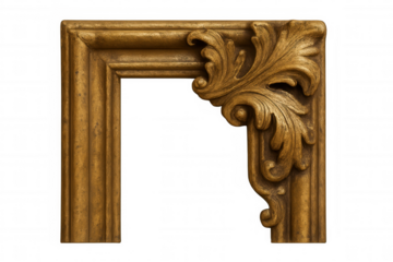 Ornate gold gilded baroque frame corner featuring acanthus leaf design, isolated on transparent background