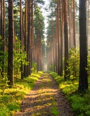Obraz premium Sunlit path through a pine forest