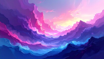 Abstract depiction of mountains and clouds in vibrant shades of pink and purple