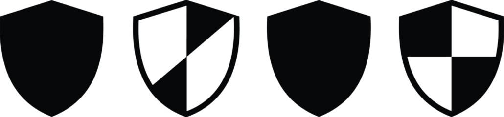 Stylized shield icon set with black and white patterns, heraldic vector illustration, symmetrical design elements, security and emblem concept, minimal and bold style