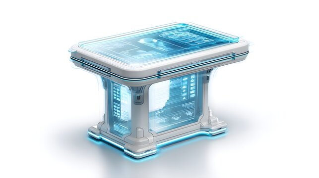 Futuristic technology table displays glowing data, with a sleek, clean design, showcasing digital interfaces and illuminated details against a bright white background, perfect for scientific or...