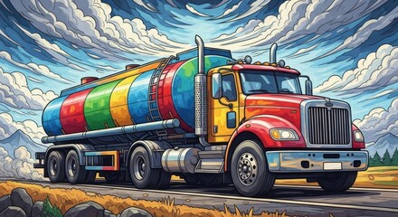 Naklejka premium Colorful tanker truck driving on road against cloudy sky illustration