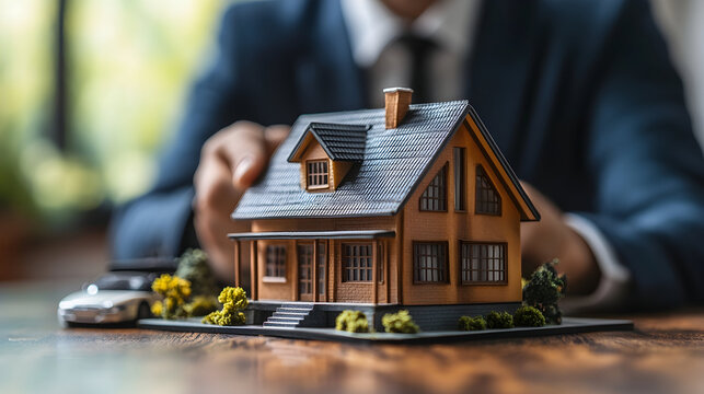 Business professional examining a detailed house model on a wooden table, with a car and natural light in the background