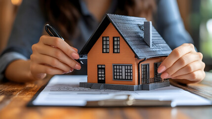 Woman sketching architectural plans while holding a model house, showcasing design ideas in a cozy workspace