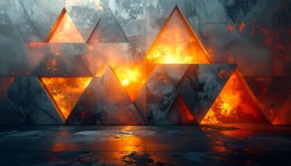 Abstract geometric wall with fiery triangles and a reflective floor