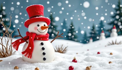 Fototapeta premium Cheerful Ceramic Snowman Festive Winter Scene