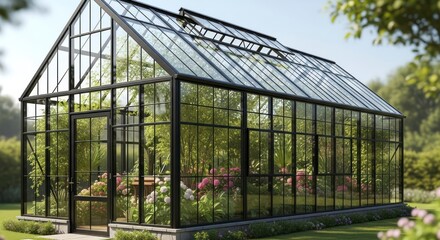 Fototapeta premium Glass greenhouse structure with plants growing inside in a sunny garden