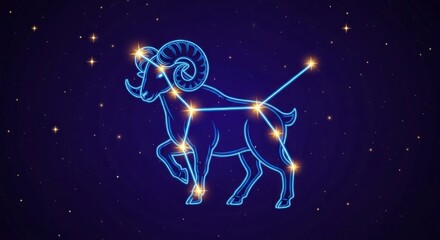 Glowing aries constellation on a dark blue background with shining stars