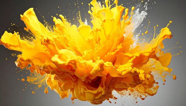 Abstract Yellow Explosion of Paint and Splashes with Grey Background