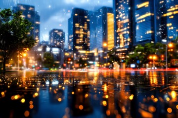 Obraz premium Glimmering Cityscape Reflections Under Rainy Sky During Nighttime in Modern Urban Environment