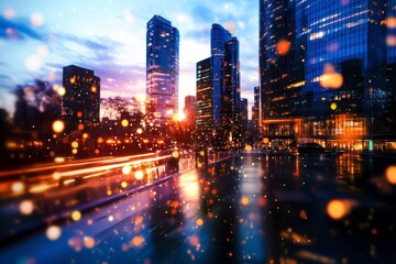 Obraz premium Urban sunset with colorful bokeh effects and vibrant skyline in modern cityscape at twilight
