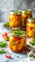Preserved peppers in glass jars