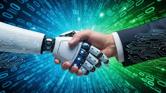 human hand in suit shakes futuristic white robotic hand with blue glowing joints and visible circuits against split blue-green binary code background and embedded circuit patterns
